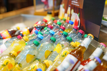 Bottles of different juices and drinks on display for sale in a cafe.
