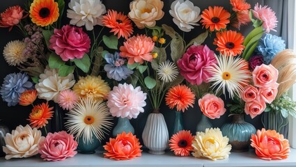 Colorful arrangement of artificial flowers in vases featuring pink, orange, and white blooms against a dark backdrop showcasing vivid textures.