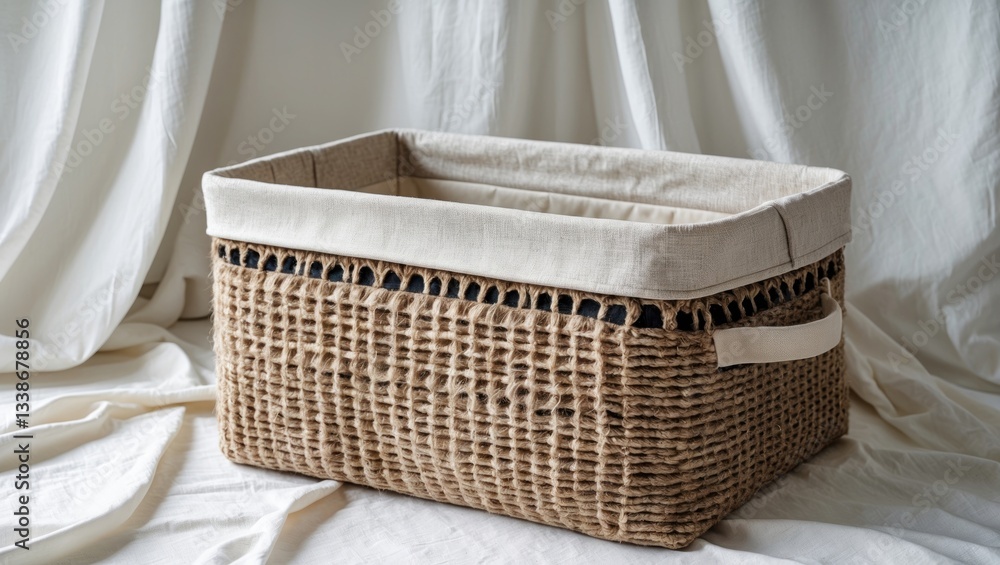 Poster woven textile storage box with a beige fabric liner on a light white backdrop with soft draped fabri