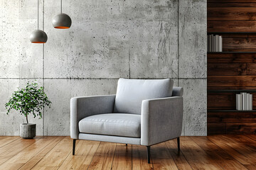 3D-rendered modern living room with a gray armchair on wood flooring against a concrete wall.