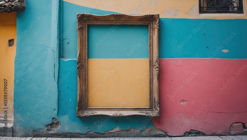 Poster vibrant turquoise and yellow wall with a large ornate empty picture frame centered against a soft pi