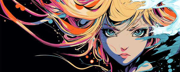 Vibrant female anime character with colorful hair and intense gaze on black background.