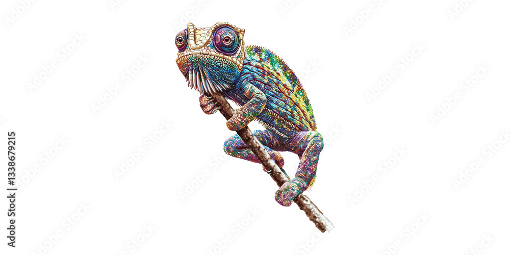 Poster colorful chameleon branch. vibrant reptile displaying camouflage and adaptation isolated on transpar