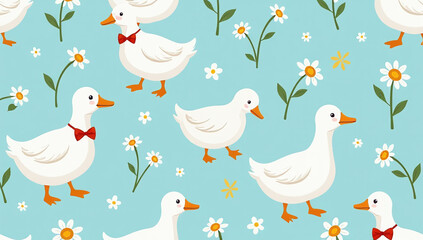 Fototapeta premium wn geese chamomile blue background funny goose tie bow spring summer background trendy print fabric vector flat