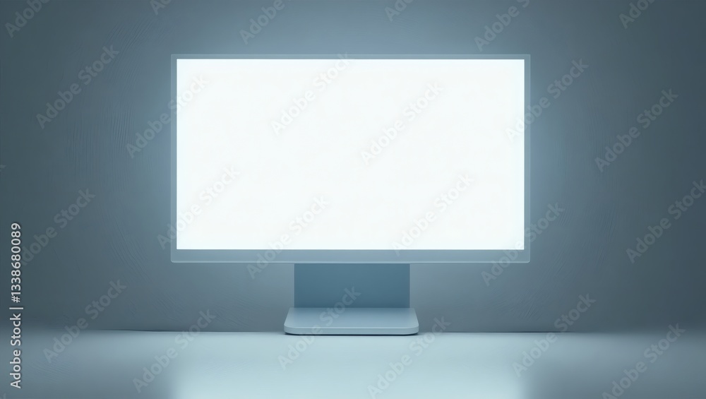 Poster a blank computer screen with a subtle glow, ideal for showcasing content or design elements, positioned against a minimalistic backdrop