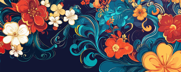 Obraz premium Colorful floral pattern with red, yellow, and blue blooms on dark background.