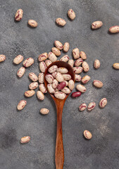Wooden spoon full of dried pinto beans on gray top view. Traditional Latin American legumes