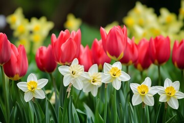 Obraz premium Colorful Tulips and Daffodils Blooming Together in a Vibrant Spring Garden Generative AI