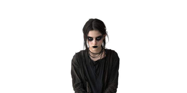 Gothic Fashion Portrait Of Young Woman In Black Outfit And Makeup. Expressing Alternative Style Isolated On Transparent Background