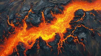 Cracked earth reveals fiery magma pools and glowing lava rivers flowing through a volcanic landscape at dusk
