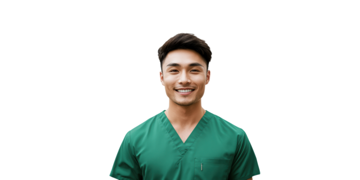 Smiling Male Healthcare Professional In Green Scrubs. Medical Expertise And Patient Care Isolated On Transparent Background