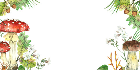 Rectangular frame with forest theme, red fly agaric, porcini mushroom, pine needles, oak leaves and white flowers. All objects are hand painted with watercolors. Suitable for printing, postcards.