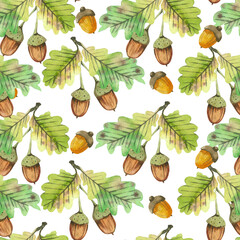 Seamless watercolor pattern with forest acorns and oak leaves. All objects are hand-drawn with yellow and green watercolor. Watercolor illustration. Suitable for printing on fabric, paper, stationery.