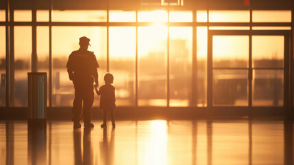 Fototapeta premium parent calming child near security checkpoint in airport during sunset, creating warm and comforting atmosphere. silhouette captures moment of connection and reassurance
