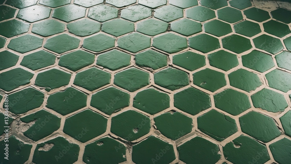 Poster green hexagonal patterned cement floor with a slightly worn texture, featuring dark green tiles arra