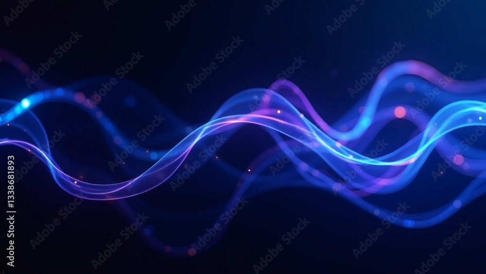 Poster an abstract image featuring flowing, luminous wave lines in shades of blue and purple with particle