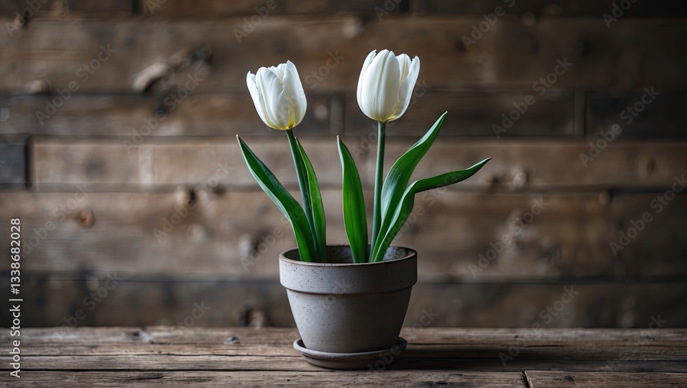 Aufkleber elegant arrangement of two white tulips in a simple gray pot centered on a rustic wooden table with 