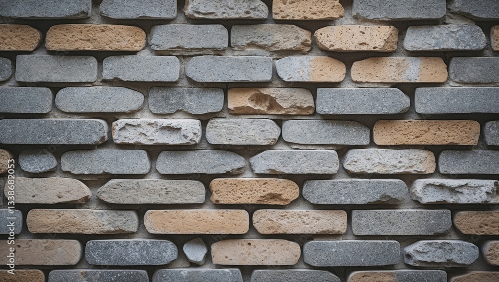 Poster textured wall of stone bricks featuring a mix of gray and beige tones arranged in a uniform grid pat