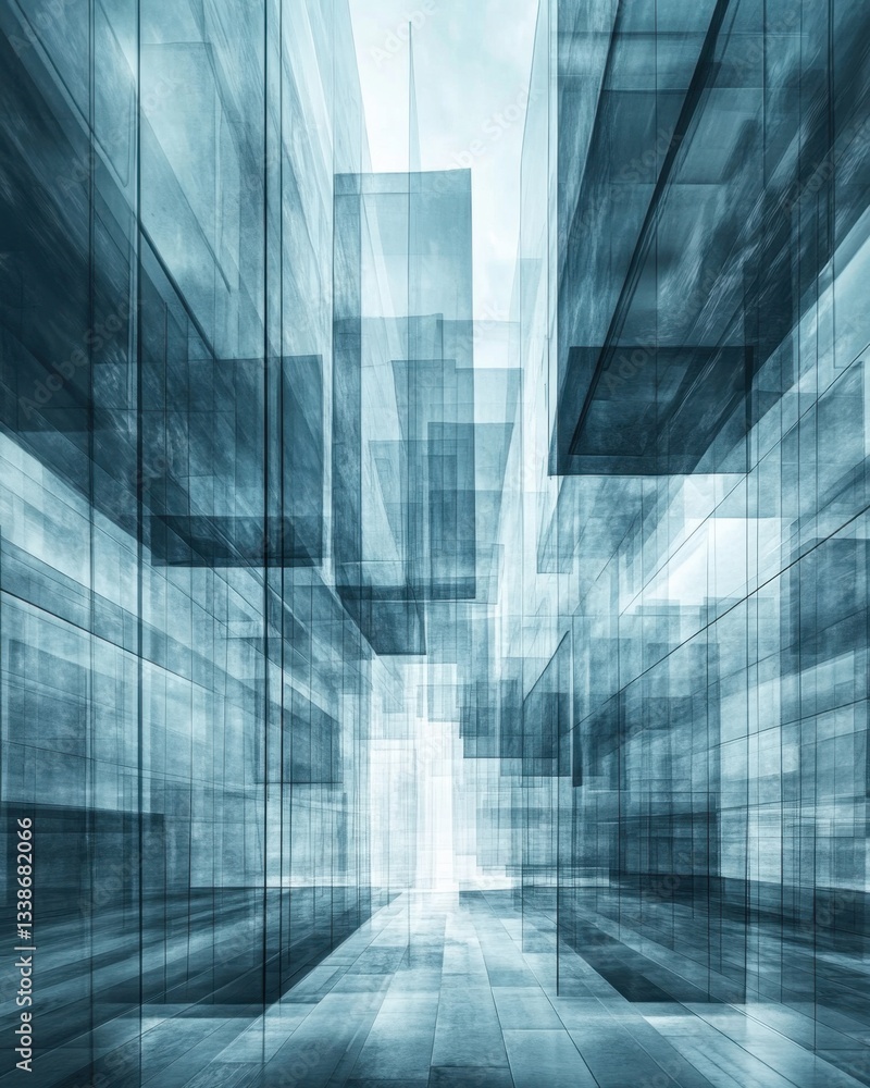 Poster ethereal architecture perspective showcasing modern design with geometric shapes and blue glass elem