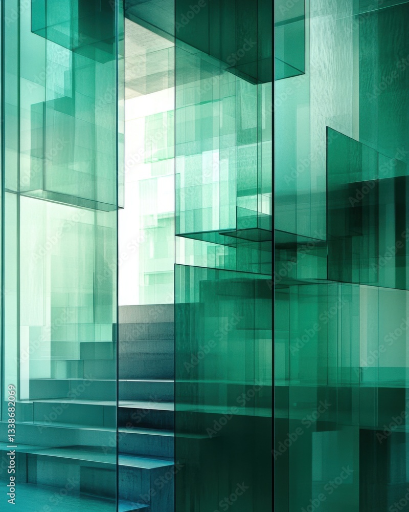 Poster modern architecture with glass panels and staircase creating an abstract geometric design in emerald