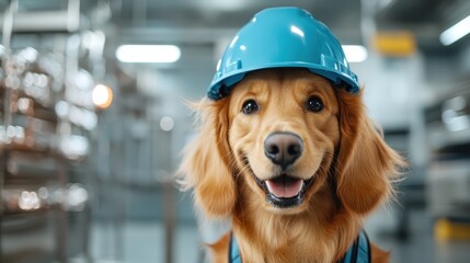 A friendly golden retriever wearing a blue safety helmet, confidently positioned in an industrial setting, symbolizing teamwork, dedication, and a humorous approach to serious work.