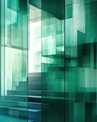 Modern architecture with glass panels and staircase creating an abstract geometric design in emerald green tones