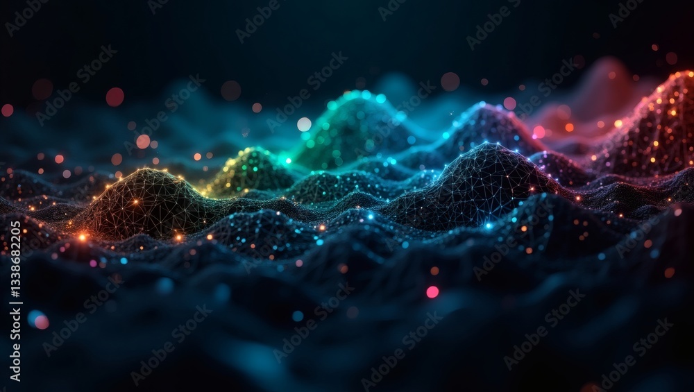 Poster a vibrant digital landscape with glowing particles, resembling a data network or abstract representation