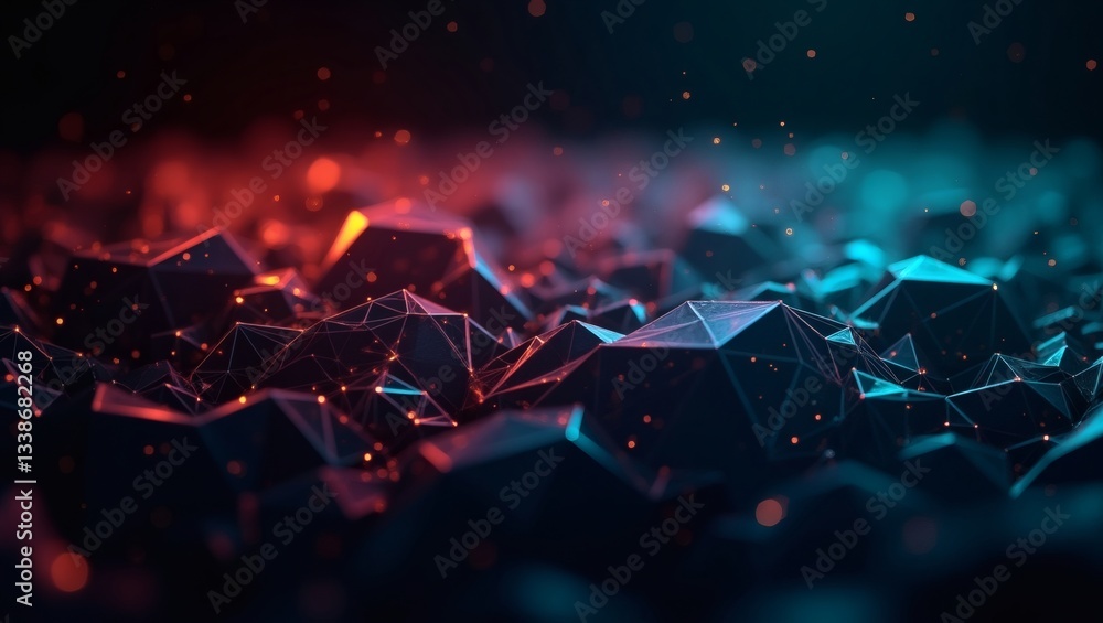 Poster abstract technology background with a network of lines and geometric shapes. The image is lit with vibrant red and blue hues and evokes a sense of futuristic innovation