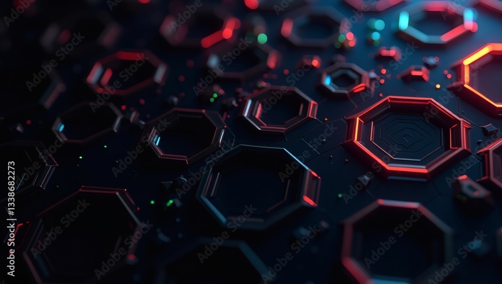 Aufkleber a close-up view of a futuristic, hexagonal pattern with vibrant red and blue lighting, high-tech visual