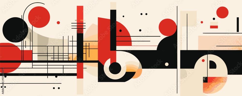 Poster abstract geometric art with overlapping red and black circles and lines.