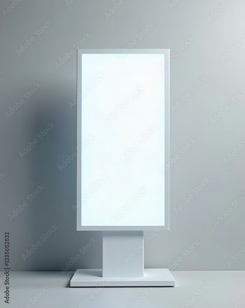 Poster a blank, illuminated display screen on a stand, ready for content. the screen emits a bright glow, s