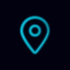 A bright neon blue location pin icon symbolizing navigation and digital geolocation technologies.