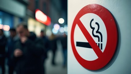 a no-smoking sign is prominently displayed indoors with people walking in the background