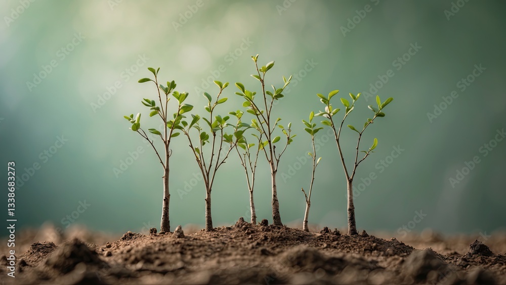 Poster small green saplings emerging from brown soil with soft blurred green background providing ample cop