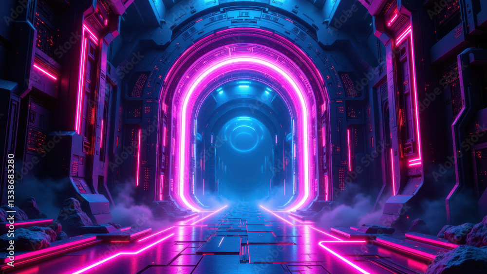 Poster an immersive futuristic tech scene featuring a colorful tunnel leading to a glowing data center with