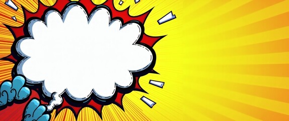 an illustration of a comic book explosion with a blank speech bubble in the center, set against a vibrant yellow background