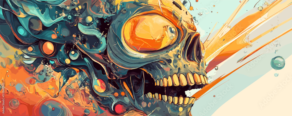 Poster vibrant abstract painting of a fiery skull with dynamic colors and fluid shapes.