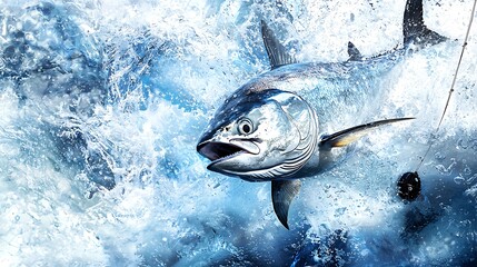 Powerful fish leaping out of the water.  A large, glistening fish is caught in a powerful, splashing wave