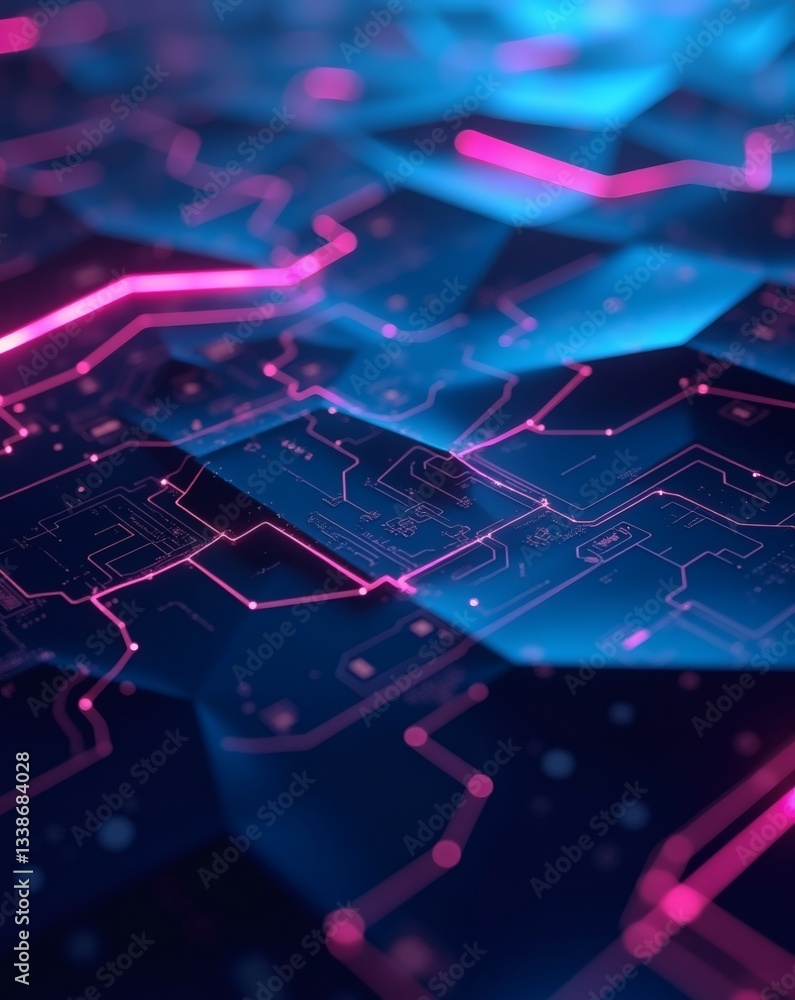 Poster a close-up view of an abstract circuit board with neon pink and blue lines that create a network of interconnected pathways
