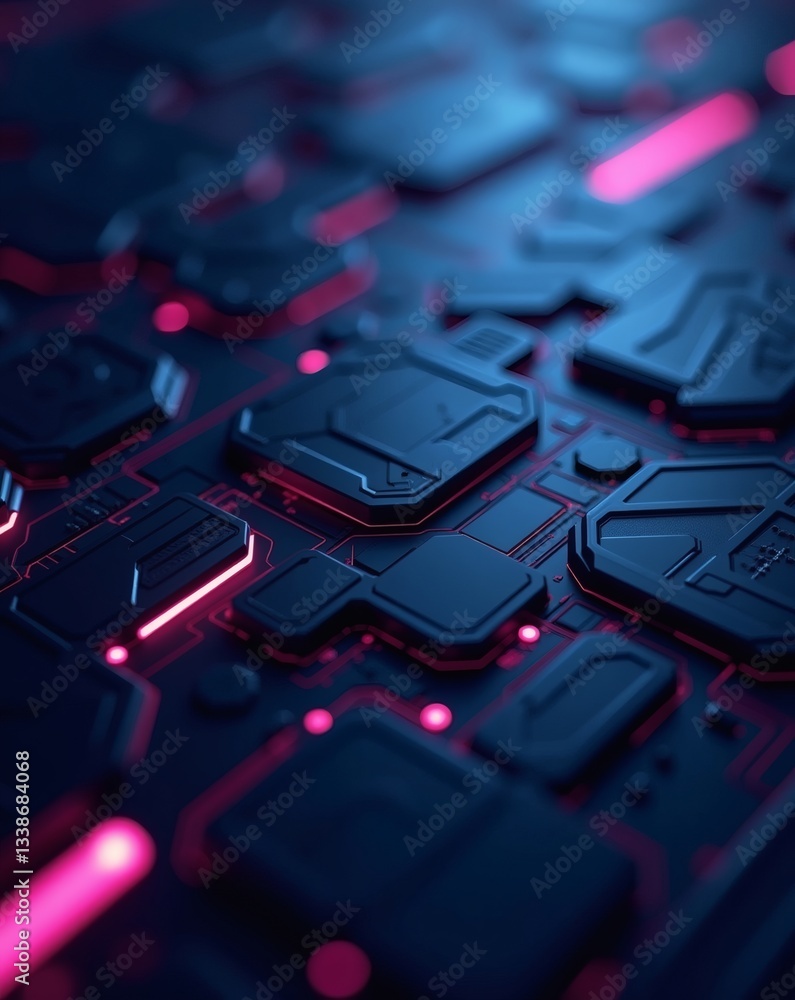 Poster a close-up shot of a complex and futuristic circuit board with integrated chips and neon lights