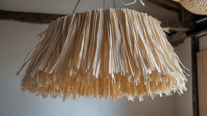 Raffia paper chandelier with unique design showcasing natural beige tones hanging in a bright interior setting with wooden beams in background.
