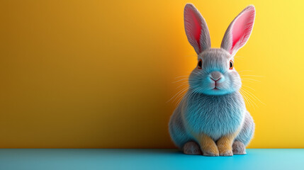 Fototapeta premium Cute Easter bunny sitting against yellow and blue background