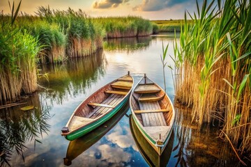 Vintage River Scene: Two Wooden Boats Moored Among Reeds - Aerial View