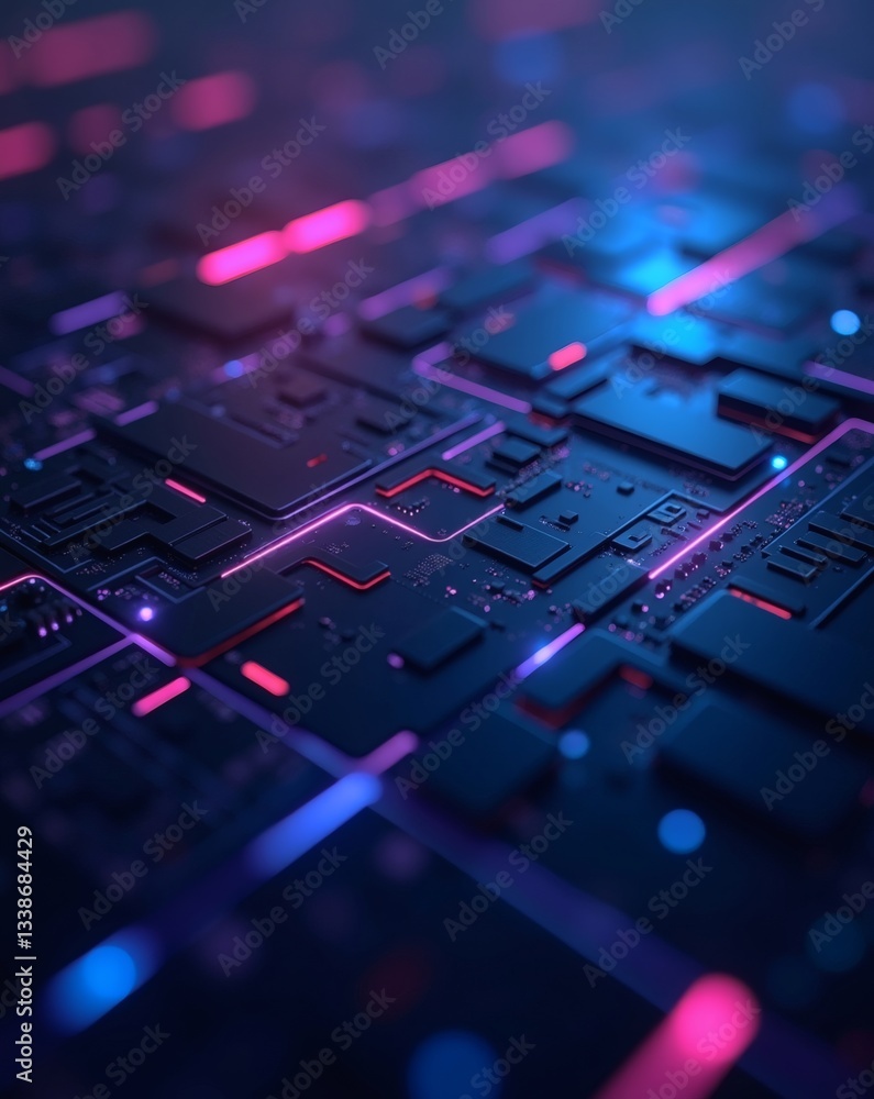 Poster a close-up of a futuristic circuit board with neon lights and intricate details