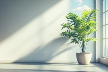 Serene indoor scene featuring a vibrant green areca palm in a pot bathed in soft sunlight near a bright window