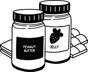 Black and White Illustration of Jam and Spread Jars on Checkered Tablecloth