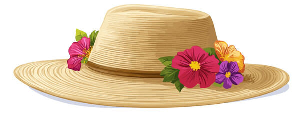 Straw hat with colorful floral decoration on white background.
