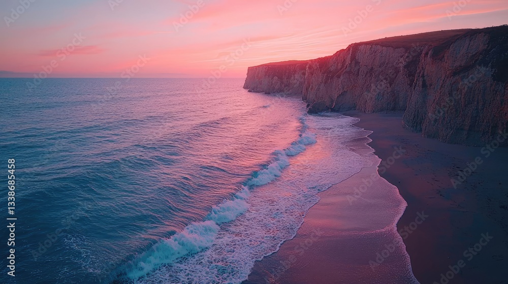 Poster seaside cliffs landscapes idea. serene coastline at sunset with gentle waves and colorful sky reflec