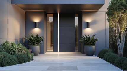 Modern home entrance with sleek gray door illuminated by sconces and lush greenery creating a welcoming and sophisticated ambiance for contemporary living