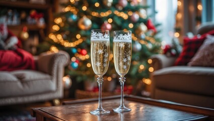 Elegant champagne glasses placed on a wooden table with snow topping against a beautifully lit Christmas tree in a cozy living room setting.